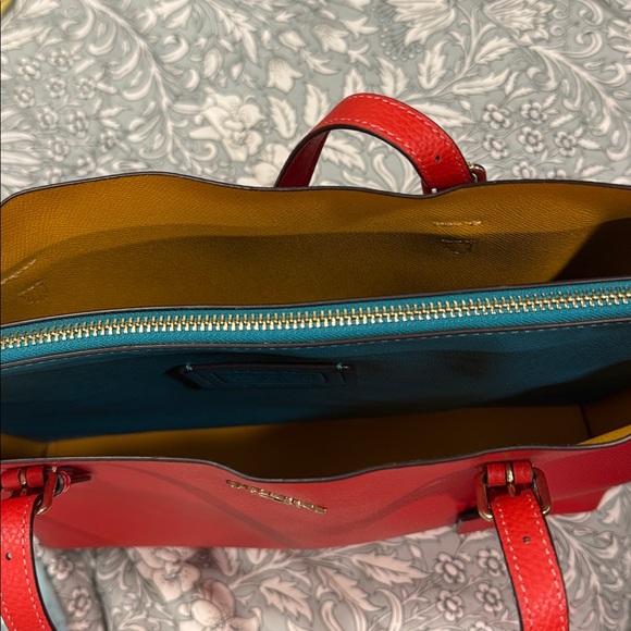 Coach Red /Orange Tote Bag; Lg., beautiful; NWOT; yellow and teal interior. - Picture 12 of 12